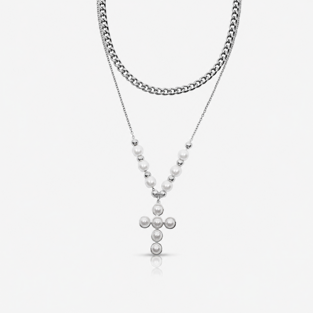 Pearly Blessing  Cross Double Layered Necklace