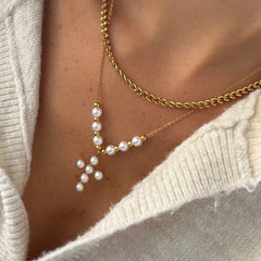 Pearly Blessing  Cross Double Layered Necklace